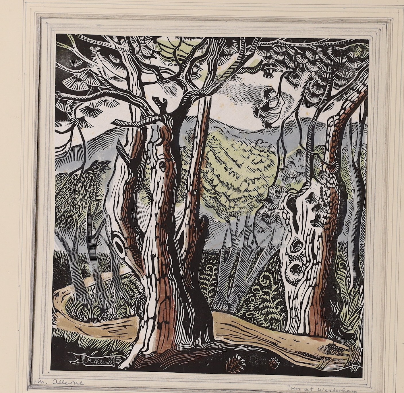 Mabel Alleyne (1896-1961), two wood engravings, ‘Trees at Westerham’ and 'Mountain Lake', signed, 18 x 17cm and 20 x 20cm, with two prints and a watercolour by Wailes